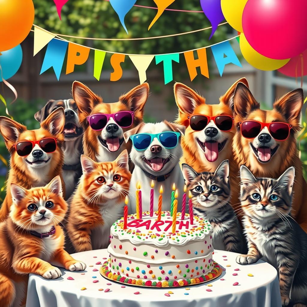 A realistic depiction of cats and dogs celebrating a lively birthday party
