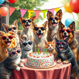 A realistic depiction of cats and dogs celebrating a lively birthday party