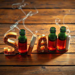 An artistic representation of the word 'Syauli' creatively crafted using beer bottles and cigarettes