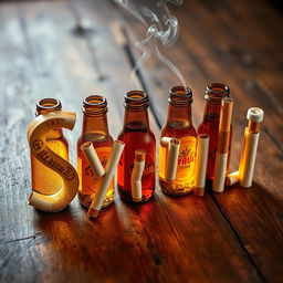 An artistic representation of the word 'Syauli' creatively crafted using beer bottles and cigarettes