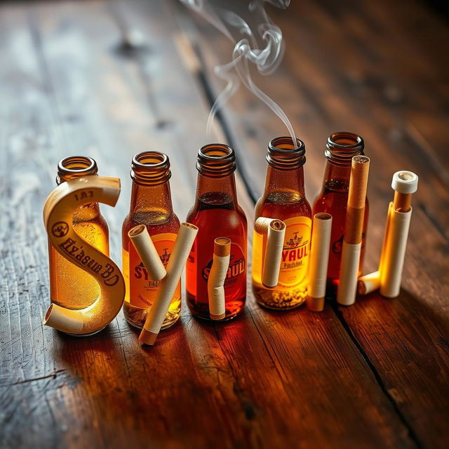 An artistic representation of the word 'Syauli' creatively crafted using beer bottles and cigarettes