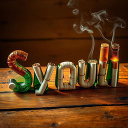 An artistic representation of the word 'Syauli' creatively crafted using beer bottles and cigarettes