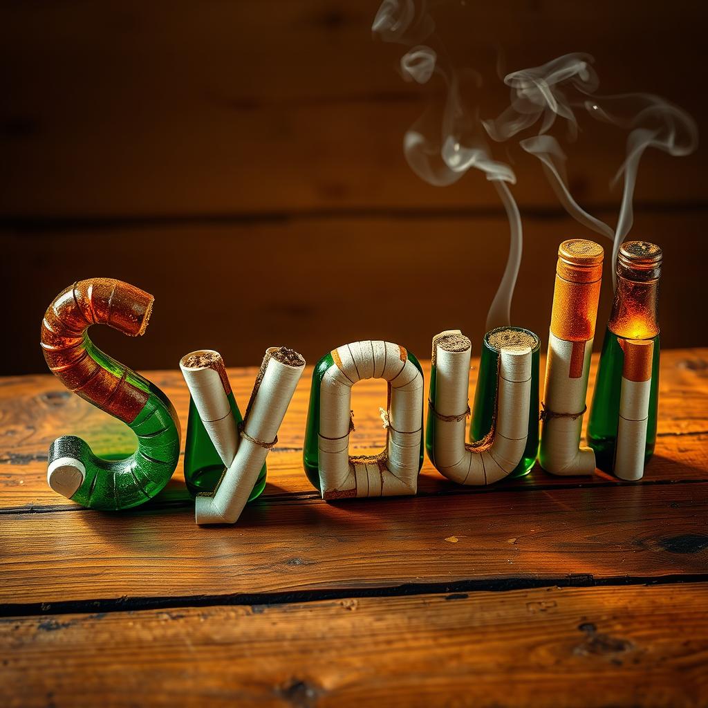 An artistic representation of the word 'Syauli' creatively crafted using beer bottles and cigarettes