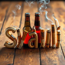 An artistic representation of the word 'Syauli' creatively crafted using beer bottles and cigarettes
