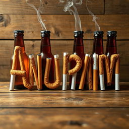 An artistic representation of the word 'Anupam' creatively crafted using a combination of beer bottles and cigarettes