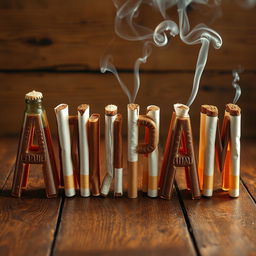 An artistic representation of the word 'Anupam' creatively crafted using a combination of beer bottles and cigarettes
