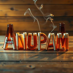 An artistic representation of the word 'Anupam' creatively crafted using a combination of beer bottles and cigarettes