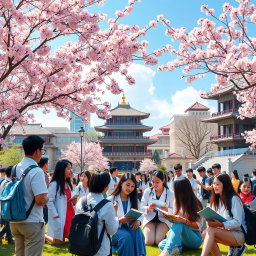 A vibrant campus scene depicting international students studying MBBS in China