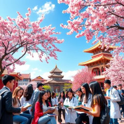 A vibrant campus scene depicting international students studying MBBS in China
