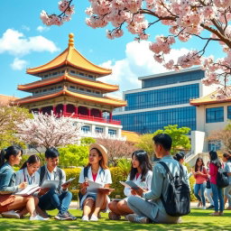 A vibrant campus scene depicting international students studying MBBS in China