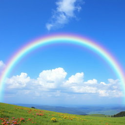 A vibrant and colorful blue rainbow arcing over a serene landscape, showcasing a rich gradient of blue hues