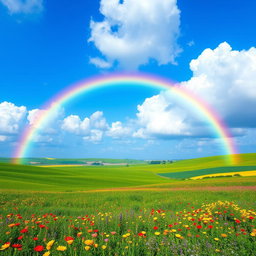 A vibrant and colorful blue rainbow arcing over a serene landscape, showcasing a rich gradient of blue hues