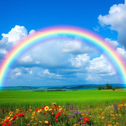 A vibrant and colorful blue rainbow arcing over a serene landscape, showcasing a rich gradient of blue hues