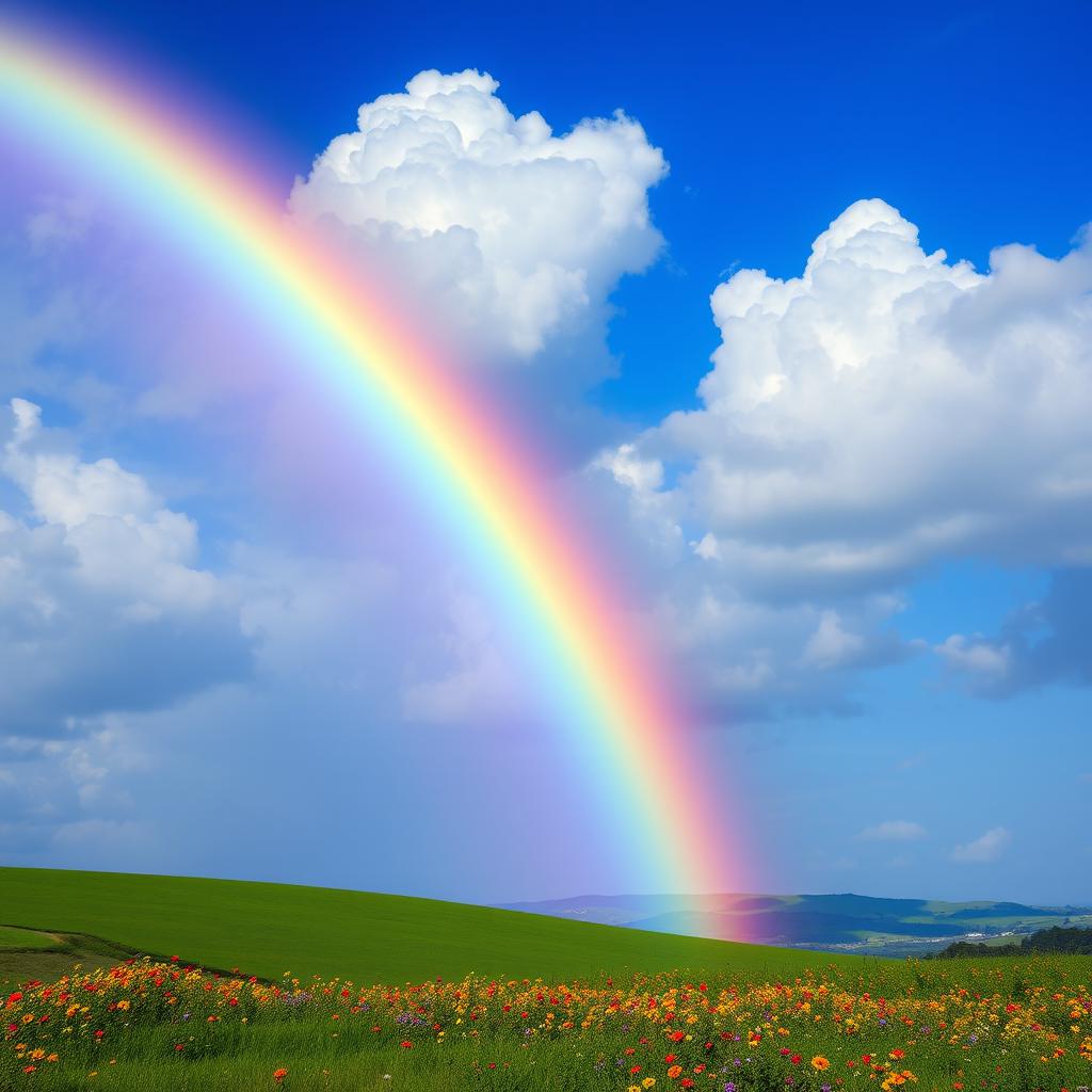 A vibrant and colorful blue rainbow arcing over a serene landscape, showcasing a rich gradient of blue hues