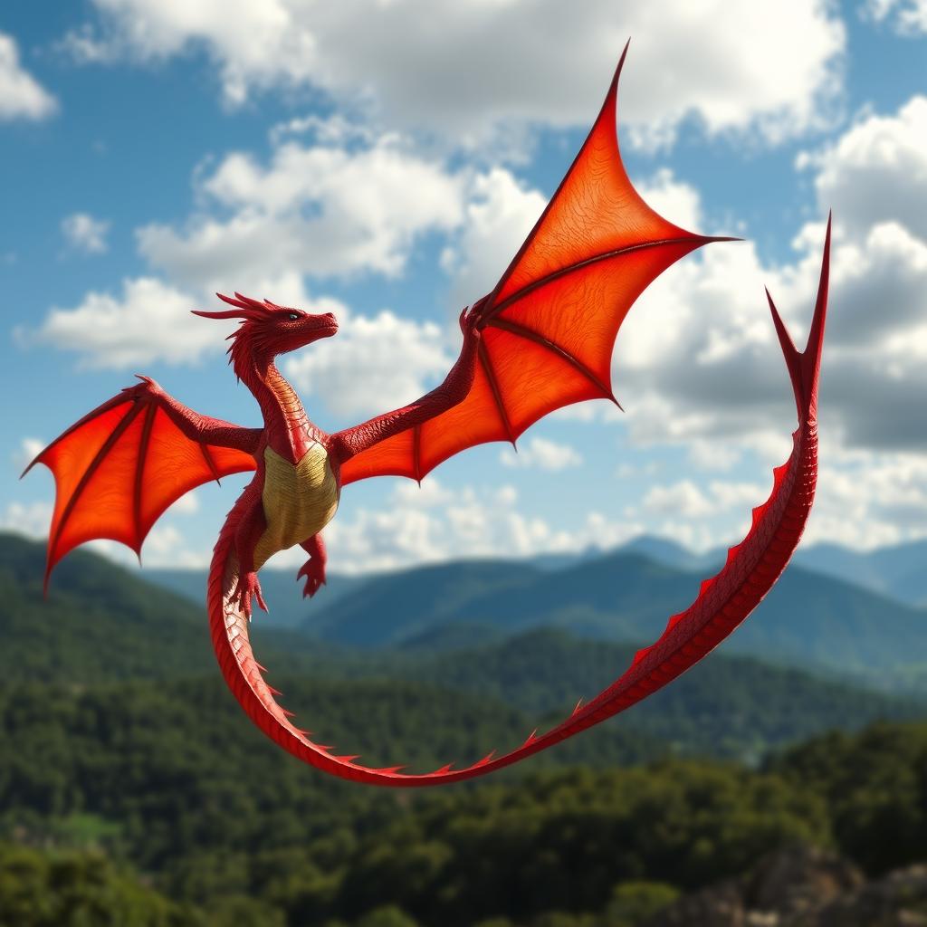 A strikingly beautiful red dragon, hovering majestically in a vibrant blue sky with soft white clouds