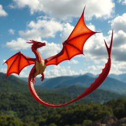 A strikingly beautiful red dragon, hovering majestically in a vibrant blue sky with soft white clouds