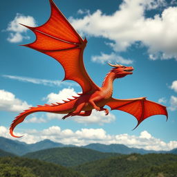 A strikingly beautiful red dragon, hovering majestically in a vibrant blue sky with soft white clouds
