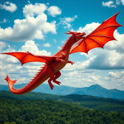 A strikingly beautiful red dragon, hovering majestically in a vibrant blue sky with soft white clouds
