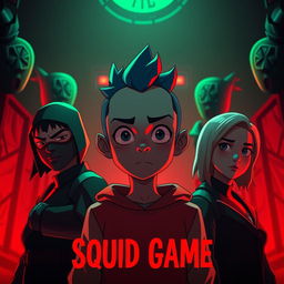 A visually captivating YouTube thumbnail featuring the main character of Squid Game at the center, with two key supporting characters on either side