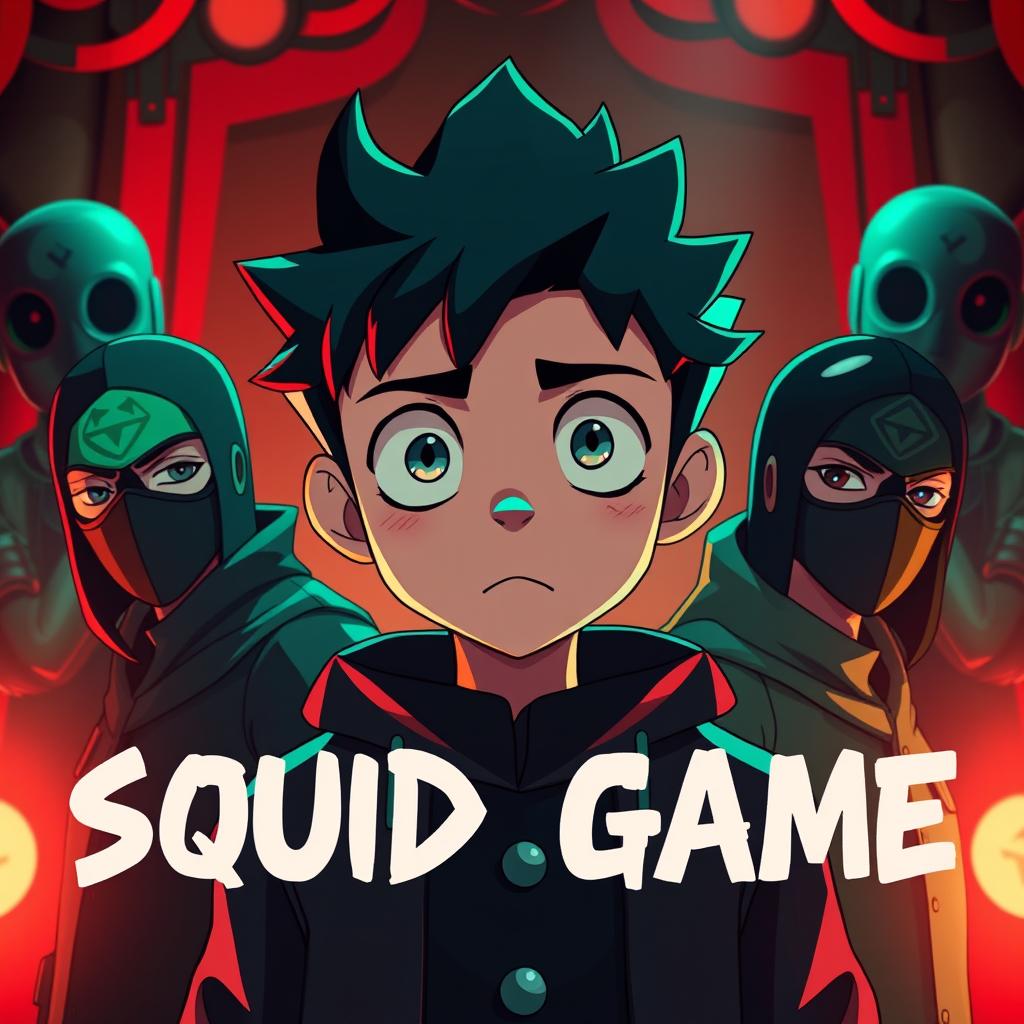 A visually captivating YouTube thumbnail featuring the main character of Squid Game at the center, with two key supporting characters on either side