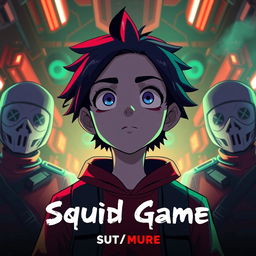A visually captivating YouTube thumbnail featuring the main character of Squid Game at the center, with two key supporting characters on either side