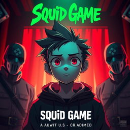 A visually captivating YouTube thumbnail featuring the main character of Squid Game at the center, with two key supporting characters on either side