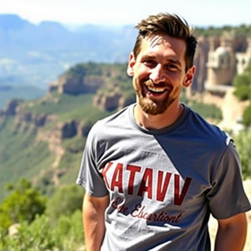 Lionel Messi, the renowned football player, wearing a casual t-shirt printed with the phrase "KATAAV & the Escarpment" in a bold and stylish font