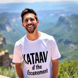 Lionel Messi, the renowned football player, wearing a casual t-shirt printed with the phrase "KATAAV & the Escarpment" in a bold and stylish font
