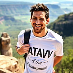Lionel Messi, the renowned football player, wearing a casual t-shirt printed with the phrase "KATAAV & the Escarpment" in a bold and stylish font