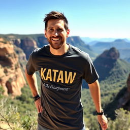 Lionel Messi, the renowned football player, wearing a casual t-shirt printed with the phrase "KATAAV & the Escarpment" in a bold and stylish font
