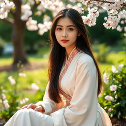 A beautiful Asian woman with fair skin, long black hair, wearing an elegant traditional dress, sitting gracefully in a serene garden setting surrounded by cherry blossom trees