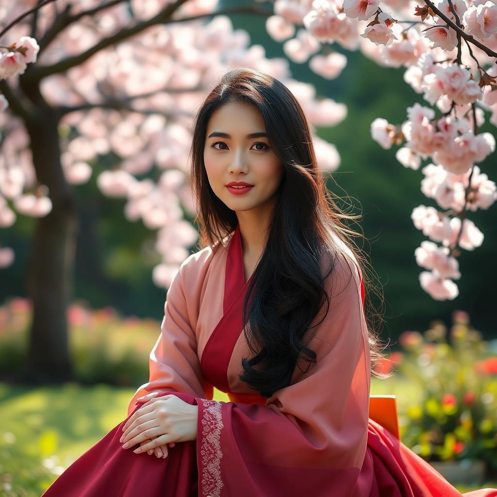 A beautiful Asian woman with fair skin, long black hair, wearing an elegant traditional dress, sitting gracefully in a serene garden setting surrounded by cherry blossom trees