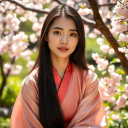 A beautiful Asian woman with fair skin, long black hair, wearing an elegant traditional dress, sitting gracefully in a serene garden setting surrounded by cherry blossom trees