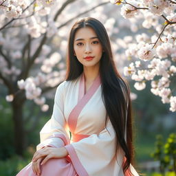 A beautiful Asian woman with fair skin, long black hair, wearing an elegant traditional dress, sitting gracefully in a serene garden setting surrounded by cherry blossom trees