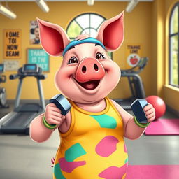 A cute and cartoonish pig working out in a gym