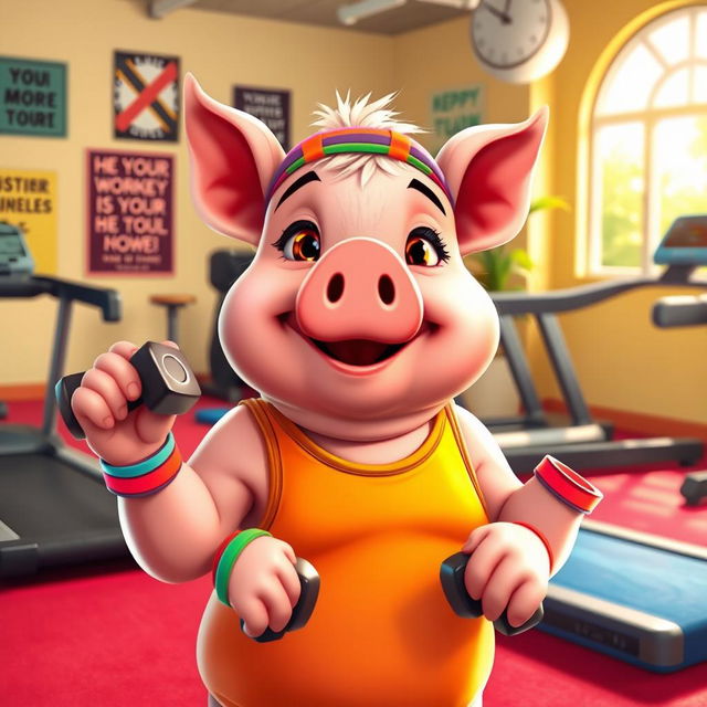 A cute and cartoonish pig working out in a gym