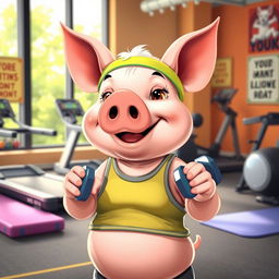 A cute and cartoonish pig working out in a gym