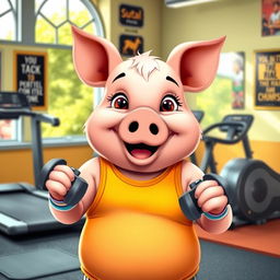 A cute and cartoonish pig working out in a gym