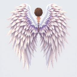 A detailed pixel art representation of angelic wings viewed from the back, showcasing a beautiful array of feathers in various shades of white and soft pastels