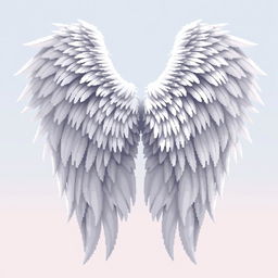 A detailed pixel art representation of angelic wings viewed from the back, showcasing a beautiful array of feathers in various shades of white and soft pastels