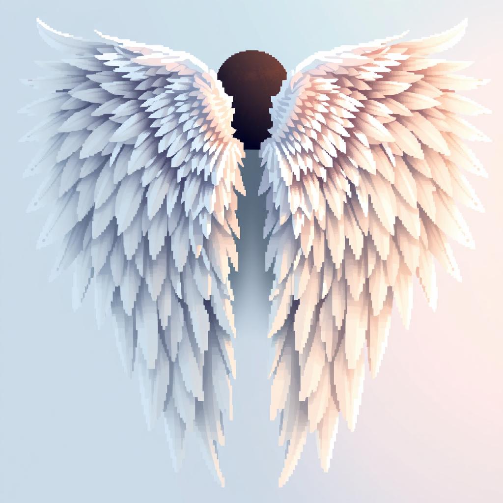 A detailed pixel art representation of angelic wings viewed from the back, showcasing a beautiful array of feathers in various shades of white and soft pastels