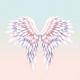 A detailed pixel art representation of angelic wings viewed from the back, showcasing a beautiful array of feathers in various shades of white and soft pastels