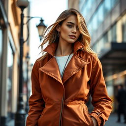 A stunning fashion model showcasing innovative 'Adaptive Climate Wear' in a chic urban environment