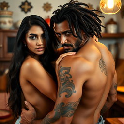 A stunningly beautiful 24-year-old Arab woman with long black hair and mesmerizing brown eyes, passionately embracing an intimate moment in a cozy kitchen setting