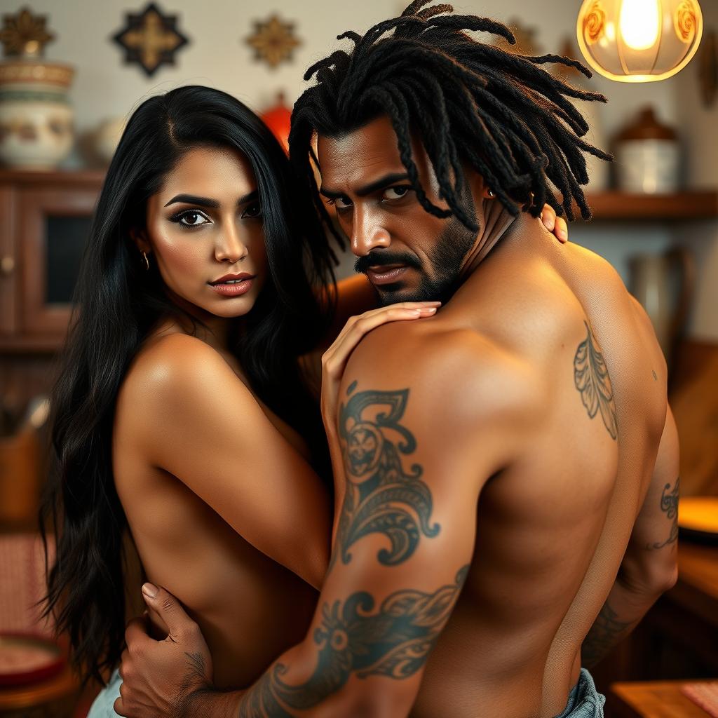 A stunningly beautiful 24-year-old Arab woman with long black hair and mesmerizing brown eyes, passionately embracing an intimate moment in a cozy kitchen setting