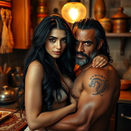 A stunningly beautiful 24-year-old Arab woman with long black hair and mesmerizing brown eyes, passionately embracing an intimate moment in a cozy kitchen setting