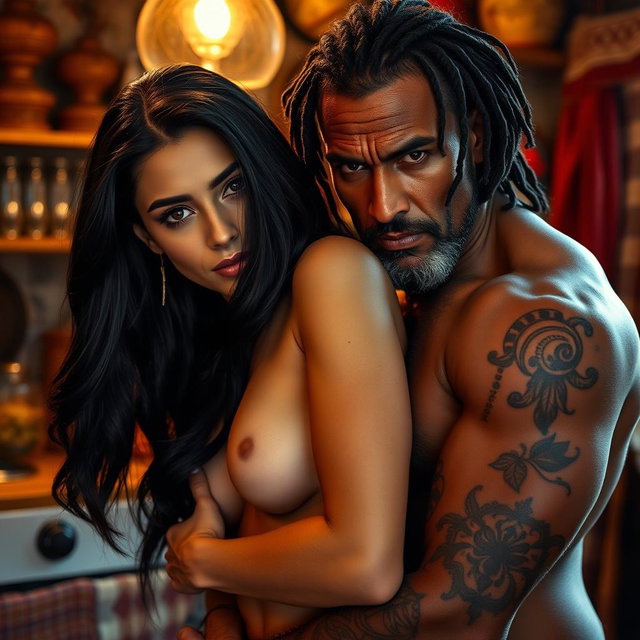 A stunningly beautiful 24-year-old Arab woman with long black hair and mesmerizing brown eyes, passionately embracing an intimate moment in a cozy kitchen setting