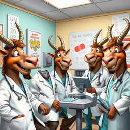 A playful, humorous scene in a doctor's office featuring anthropomorphic gnu characters dressed as doctors and nurses