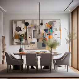 Envision a 7.50m x 4.00m home living room reception, adorned with modern, warm, and cozy grey and off-white furniture. An elegant dining table takes center stage, while large, crazy paintings punctuate the space. The room has one window and is bordered by three walls.