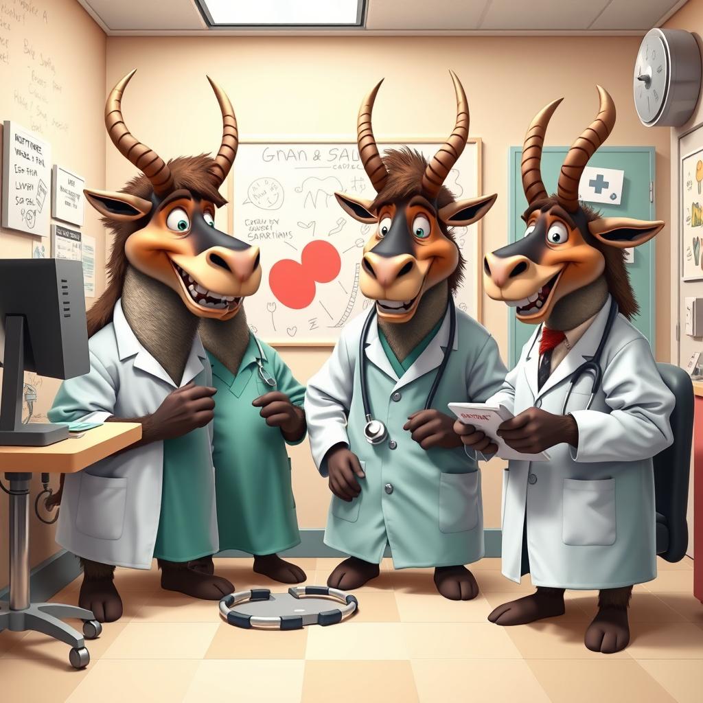 A playful, humorous scene in a doctor's office featuring anthropomorphic gnu characters dressed as doctors and nurses